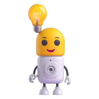 tiny robot emoji with a lightbulb head, symbolizing AI, cheerful face sticker