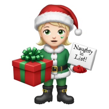 appears to be a naughty list with the words "NAUGHTY" written on top of it. It is sad with tears and wearing a Santa hat and has green boots and gloves. It is holding a present-looking chest in it's hands with coal inside. sticker