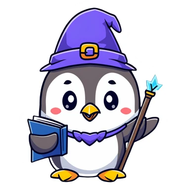 cute penguin wizard with magic staff and spell book sticker