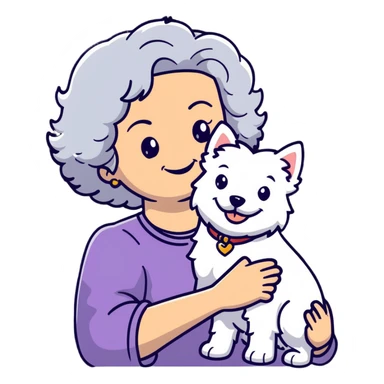 50-year-old woman with silver curly hair, smiling, with a Westie dog, cartoonish sticker sticker