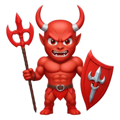 Red devil emoji, 3D cartoon style, muscular body, bright red skin, big curved white horns, angry face, sharp teeth smile, holding red trident, glossy emoji texture, centered character, GREEN SCREEN BACKGROUND, solid green color sticker