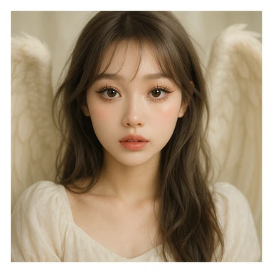 angelic girl with brown grayish hair, big doe eyes, spider eyelashes, douyin Korean makeup, soft lighting, ethereal vibe sticker