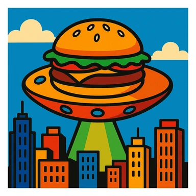 flying saucer that looks like a cheeseburger, with lettuce and tomato details, hovering above a city sticker