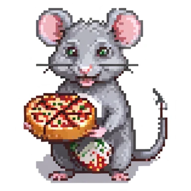 grey cartoon rat eating pepperoni pizza sticker