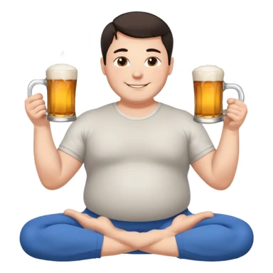 big white guy sitting in yoga pose, winter dressed, short dark hair, holding beer mugs in two hands, sitting sticker