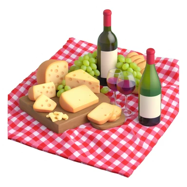 picnic with cheese, bread, grapes and wine on a red and white checkered blanket sticker