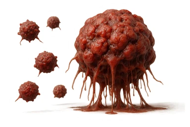 cellule umane anatomiche tumorali e deformi fluttuano in aria,+ iperrealistico 4k sticker