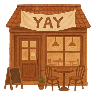 hand-painted style cozy brown café storefront with a soft “YAY” banner, warm hand-drawn tones sticker