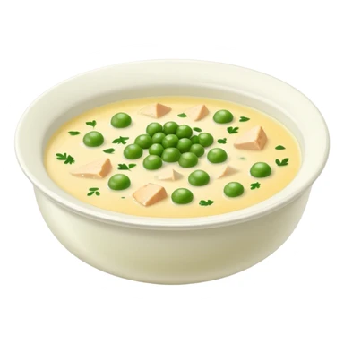 A bowl of creamy soup made with chicken broth, peas, chives, parsley, and Parmesan cheese sticker