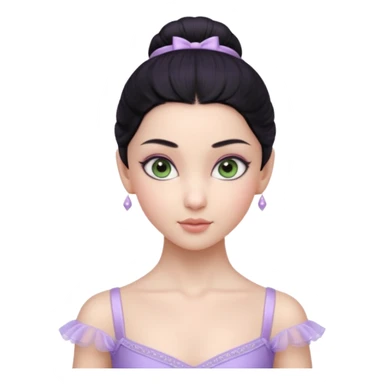 Cinematic Realistic ballerina Light Purple Portrait, depicted with lifelike skin texture, subtle rosy undertones, and soft natural lighting that enhances the gentle contours of her face. Her intricately detailed sweet black hair is elegantly styled, green eyes sticker