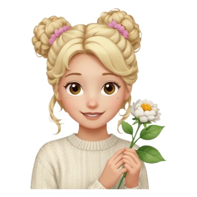 blonde hazel eyes girl holding a flower with a white cable knit sweater and a curly messy bun with tendrils of hair flowing down her face and she is happy pale, some freckles, blush sticker