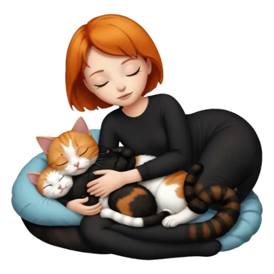 Ginger Girl short hair sleeping with two cats a black and a white bigger cat  sticker