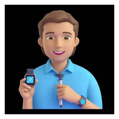 apple-style 3D emoji avatar of a fair, handsome young man with light brown hair, brown eyes, bright smile, wearing pastel blue button-up shirt, digital pen behind one ear, smartwatch, creative tech-savvy vibe, dark background sticker
