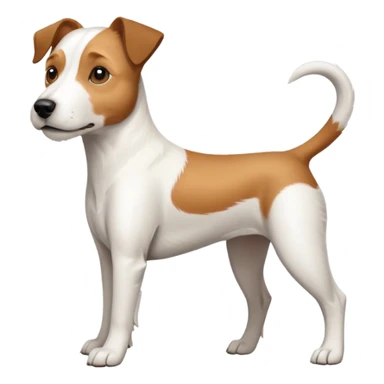 a full body large white parson russell terrier looking dog the size of a kelpie with light brown long ears and a light brown patch on one eye and a large snout sticker