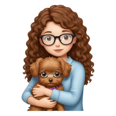 Girl with Brown curly hair and glasses hugging a york  sticker