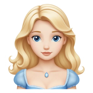 Cinematic Serene Cinderella Portrait Emoji, rendered in a realistic, vector-style with minimal shading. Depict a gentle Cinderella (chest and above) with porcelain skin, smooth blonde hair falling in soft waves, and calm, inviting eyes. Dressed in her modest daytime dress, she exudes quiet grace and pure enchantment, highlighted by a soft glowing outline. sticker