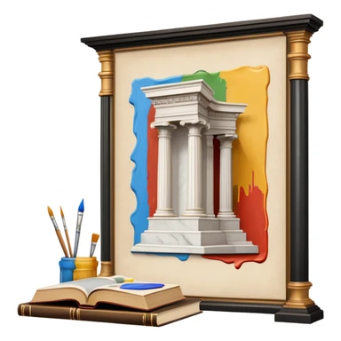 An icon featuring a paint palette, a sculpture, and a book, symbolizing the study of culture and art. The design includes a classical column and a canvas, representing art history and cultural exploration. Transparent background highlights the connection between creativity and history. sticker