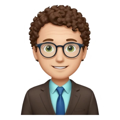 The face of a white man, with blue/green eyes, a large forehead, small and thin round glasses, curly brown hair, wearing a suit, and smiling sticker