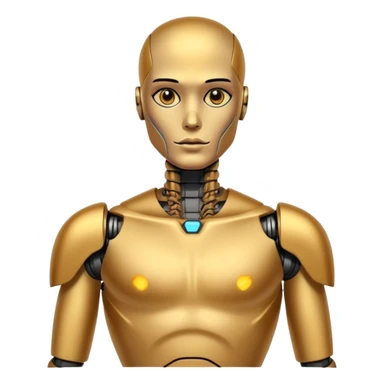 gold Tatooed robot, big many tatooes on chest, neck and face, tatoo on face sticker