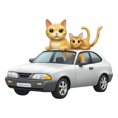 A cartoon emoji-style car with a cat sitting on the open hood, holding a wrench and smiling sticker