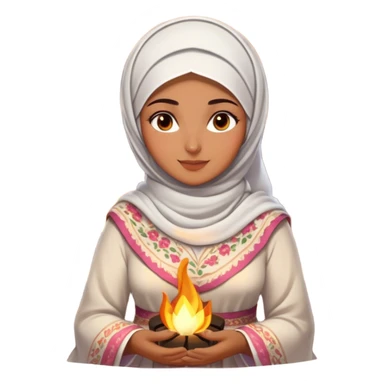 An Arab woman dressed in a beautiful floral traditional outfit with a delicate white headscarf sits by a fire at night. The warm glow of the flames highlights her radiant features, giving the scene a soft, serene, and intimate feel. sticker