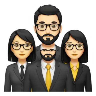 A work group avatar.Layout: two men (middle), two women (sides). Left woman: yellow skin, long black hair, glasses. Middle-left man: yellow skin, short black hair, thick black beard, shirt. Middle-right man: yellow skin, short black hair, no beard, suit. Right woman: yellow skin, long black hair.  sticker