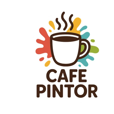 logo for 'CAFE PINTOR' with a steaming mug and abstract paint splashes, creative and friendly feel sticker