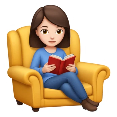 Jane Austen inspired brunette character reading a book sitting in a cozy chair, emoji style sticker