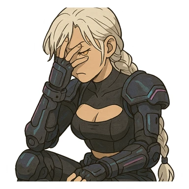  she is wearing armor, maximum power , facepalm smh, a closeup portrait of young woman with gold yellow eyes, white hair, long braid, black off-shoulder top d-cup, punk gothic style, futuristic cyberwave cyberpunk, sitting position sticker