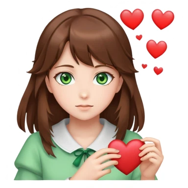 brown hair, green eyes, anime girl with hearts sticker