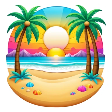 3D, psychedelic colored hippie style beach with setting sun and palm trees sticker