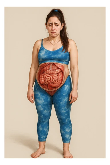Realistic anatomical illustration of a woman in sportswear inspired by the reference photo, with a bloated belly. Highlight abdominal organs and involved muscles, expression of discomfort, neutral background. sticker