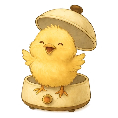 full-body chibi chick soft fluffy popping out of egg cooker lid smiling brightly soft yellow tones sticker