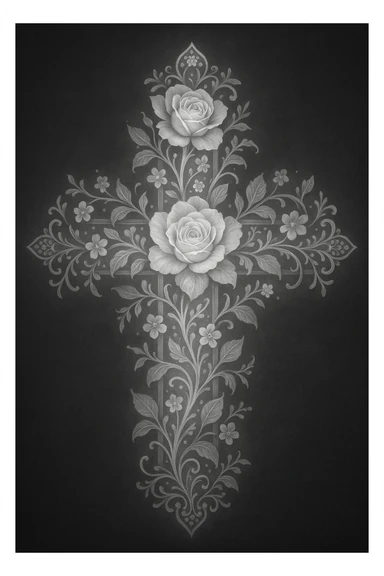 a luminous grey flower cross, highly detailed, with delicate floral elements sticker