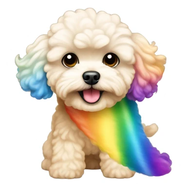 Cream colored maltipoo with rainbow tail sticker