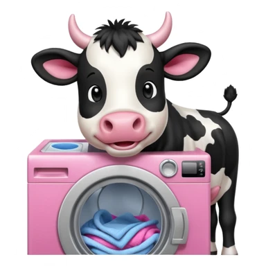 cartoon Friesian cow loading laundry into a washing machine sticker