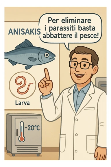  a scientist in a white lab coat stands beside a large poster showing a fish and a diagram of the Anisakis parasite. The scientist points to a speech bubble that says, “Per eliminare i parassiti basta abbattere il pesce!” In the background, a blast freezer is visible, with a temperature gauge set to -20°C. The mood is informative and reassuring. In italiano sticker