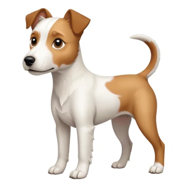 a full body large white parson russell terrier looking dog the size of a kelpie with light brown long ears and a light brown patch on one eye and a large snout sticker
