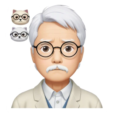 ​Cinematic Realistic Portrait of Hayao Miyazaki, depicted with striking white hair, defined black eyebrows, and large rectangular glasses, his thoughtful expression rendered in lifelike detail against a background of whimsical Studio Ghibli-inspired sketches, illuminated with soft, realistic lighting that emphasizes his creative genius, sticker