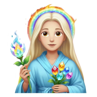 a being made of light pleidian nordic long faces but beautiful features of light with a robe on made of light and who is lanky holding a bouquet of crystal flowers on rainbow fire sticker