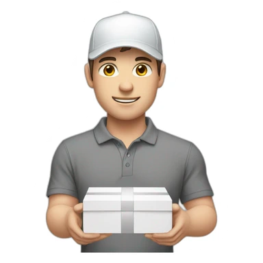 Pale skinned fit Man with dark brown hair in a white cap, gray jeans and dark gray polo T-shirt keeping a pasted with tape white box into his hands sticker