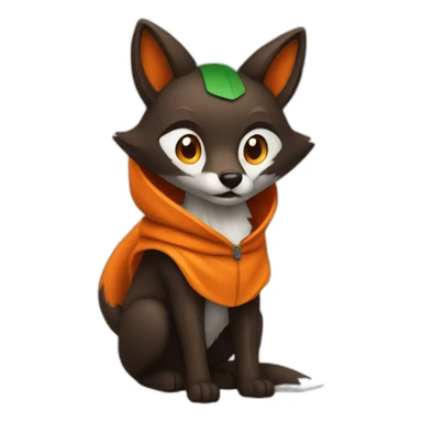 a small dark brown fox with orange eyes with a dark green hood that smile sticker