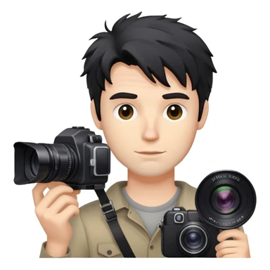 a white man with black messy hair holding a foto camera sticker