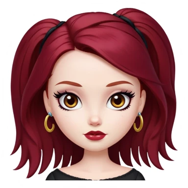 pretty bratz girl, tall, pale skin, dark red hair,  long hair, brown eyes, black eyeliner sticker