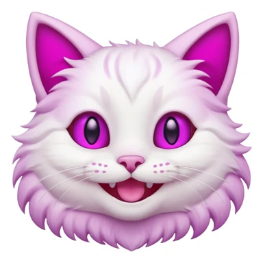 White cat smiling with teeth showing, pink inner ears, magenta purple eyes, looks like discord's Smiling Cat emoji sticker