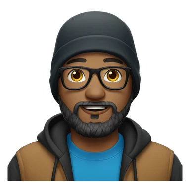 man with a beard in a blue hoodie wearing a black carhartt beanie and clear glasses sticker
