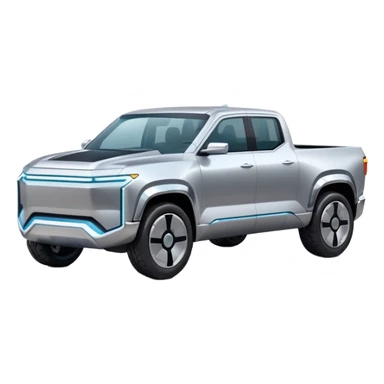 A futuristic electric pickup truck emoji, silver chrome body, angular cyber design, smooth metallic panels, subtle reflections, minimalistic proportions, iOS emoji style, centered composition, clean white background, soft lighting sticker