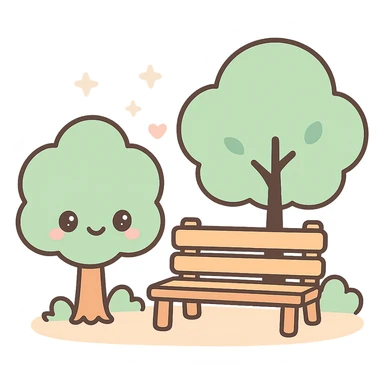 park with trees and a bench, kawaii chibi anime style, flat pastel colors, thick outlines, simple cute features sticker