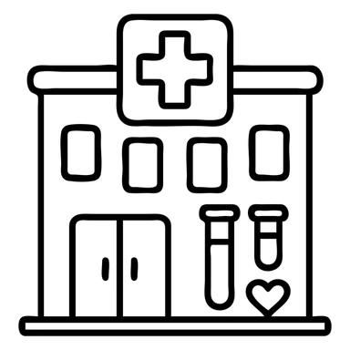 Modern clinic building facade with a red cross medical symbol, test tubes and a small heart icon, clean minimalist medical facility exterior sticker