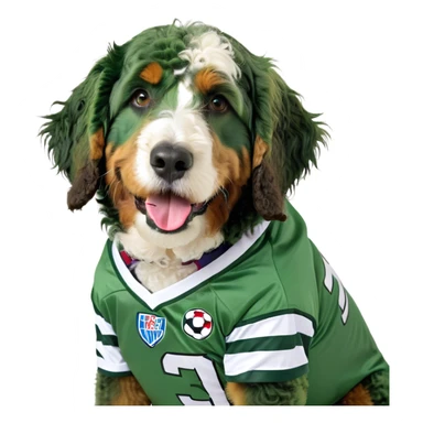 Bernedoodle wearing a football jersey sticker